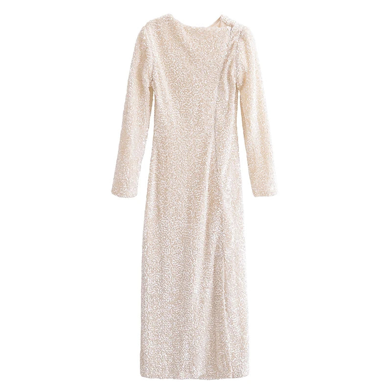 Autumn Party Dress Woman Trendy Solid O-Neck Long Sleeve Sequins Decorate Zipper Female High Street Long Dresses