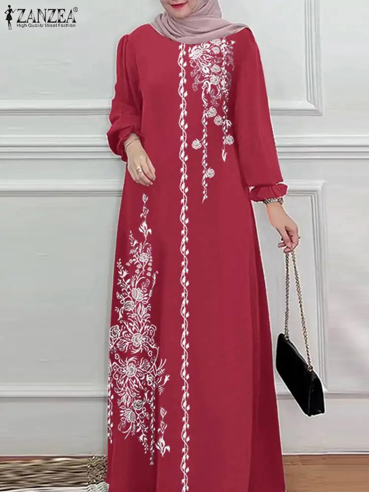 Long Sleeve Islamic Long Robes Abaya Women Muslim Fashion O Neck Casual Vestidos Loose Turkey Floral Printing Maxi Dress