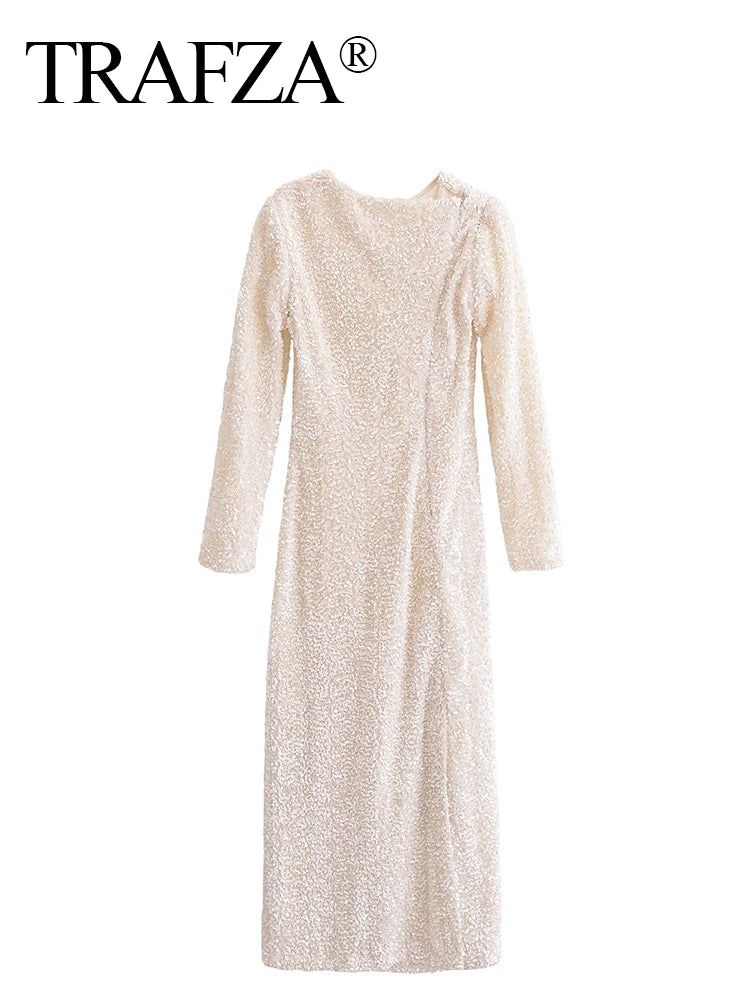 Autumn Party Dress Woman Trendy Solid O-Neck Long Sleeve Sequins Decorate Zipper Female High Street Long Dresses