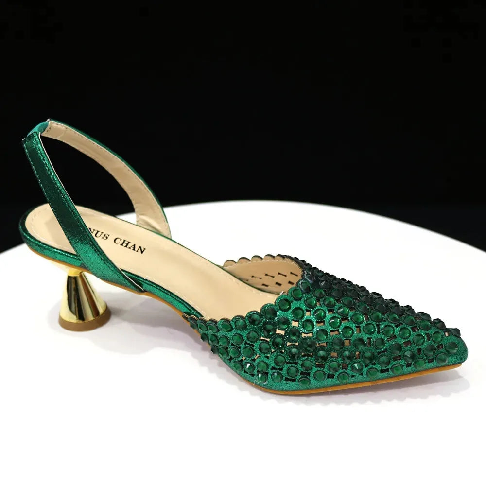 Sandals High Heels for Lady 2025 Luxury Designer Green Color Full Diamond Pointed Toe Wedding Shoe and Bag Set for Party