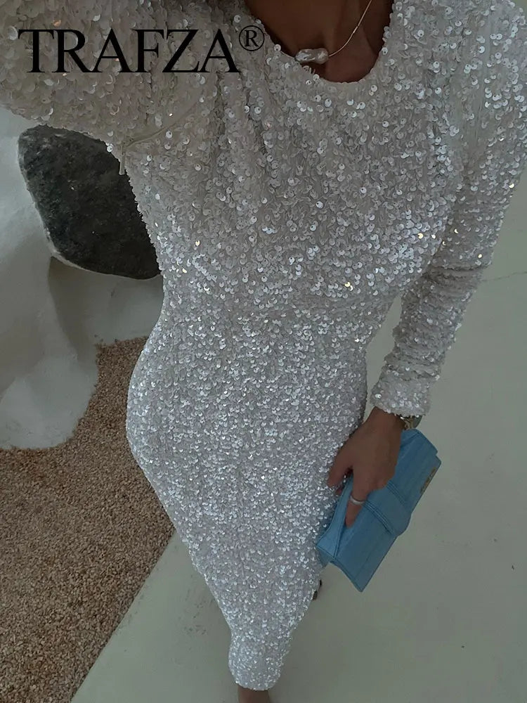 Autumn Party Dress Woman Trendy Solid O-Neck Long Sleeve Sequins Decorate Zipper Female High Street Long Dresses