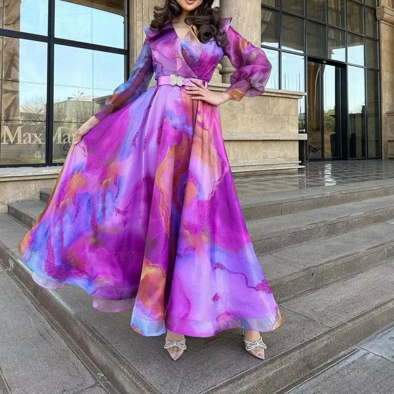 Spring Autumn Fashion Mesh Colorful Print Party Dress Women Elegant Long Sleeve Loose Hem Maxi Dress Commuting Lady Long Dresses