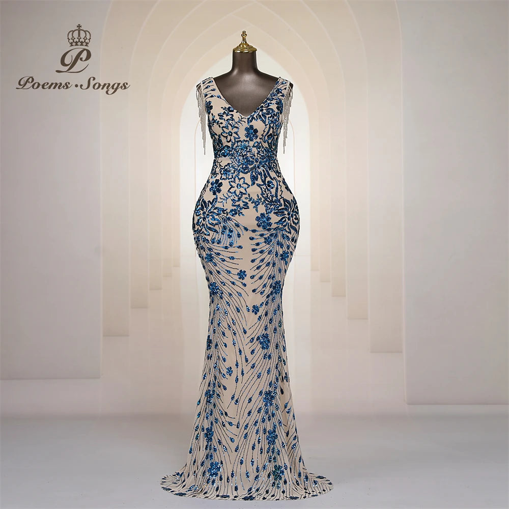 Sexy beaded sleeves Mermaid Evening Dresses For Women Prom Dresses Maxi dress Party dress Beautiful evening gowns