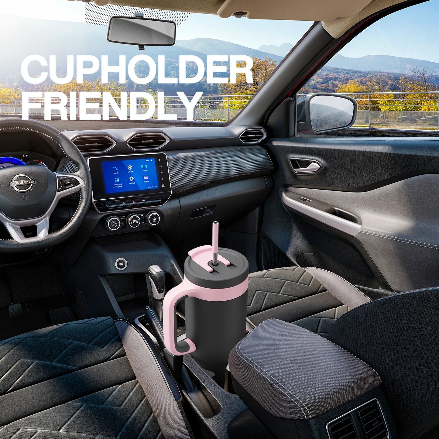 Powcan 40oz Cup Stainless Steel Vacuum Straw Cup With Double Handle Non-slip Portable Coffee Multi-color Car Mug Juice Milk Cup