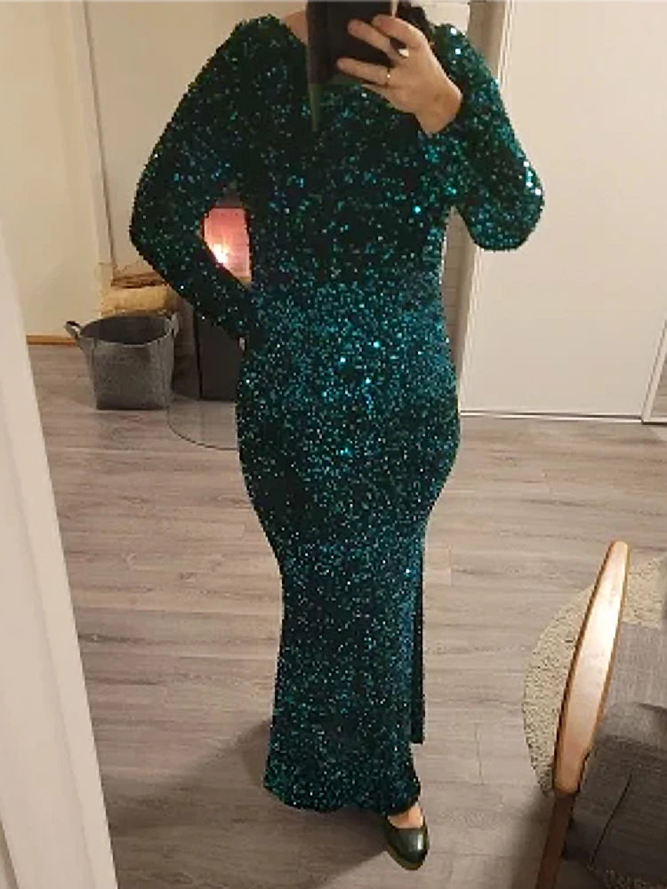 Romagic Elegant Women Modest Stretch Sequin Royal Blue Wedding Prom Gown Long Sleeves Mermaid Formal Evening Party Dress 2025