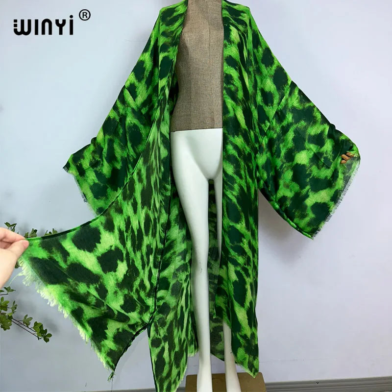 kimono summer leopard print vestidos Bikini Cover-up Elegant Cardigan sexy Holiday maxi beach swimsuit evening party dress