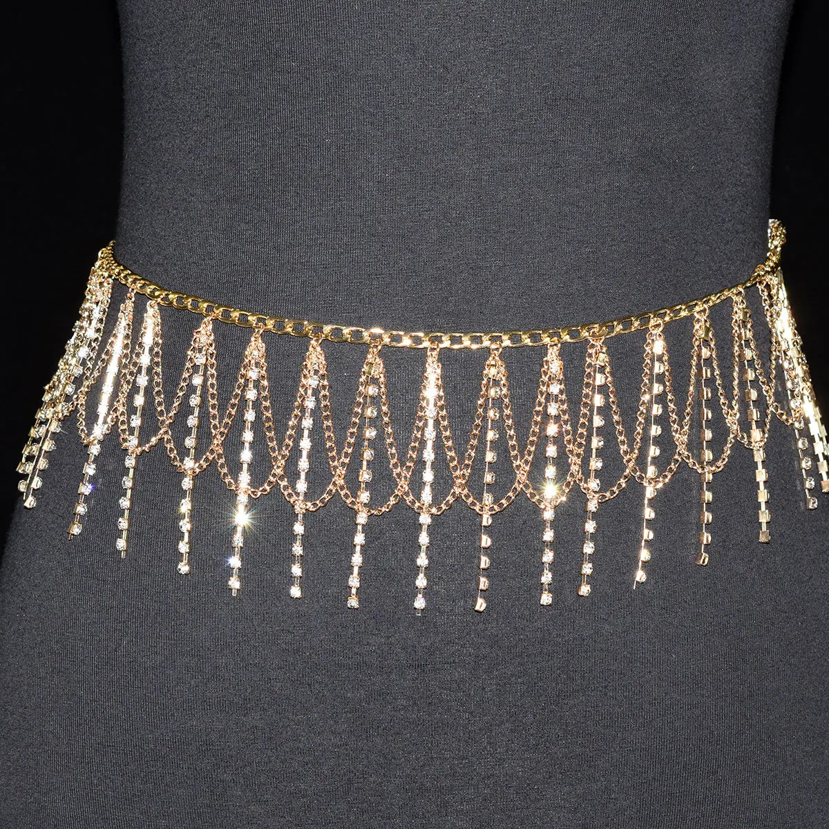 Festival  Gifts Sexy Fashion Waist Chain For Lady Shiny Rhinestone Tassel Body Jewelry Stage Performance Party Dress Metal Chain