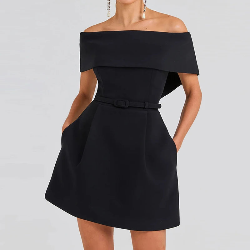 Slash Neck Off The Shoulder Solid Mini Dress, Women Spring Summer Patchwork Simple Party Dress, Short Sleeve Ladies Dress