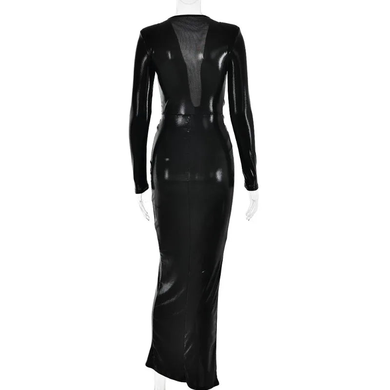 Metallic Gilding Maxi Party Dress Women Sexy V Neck Long Sleeve Ruched High Split Bodycon Clubwear Long Robe Evening Gown