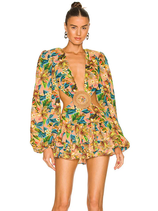 Women Summer Style Sexy Long Sleeve Hollow Out Floral Pleated Mini Bodycon Dress 2025 Elegant Evening Party Dress