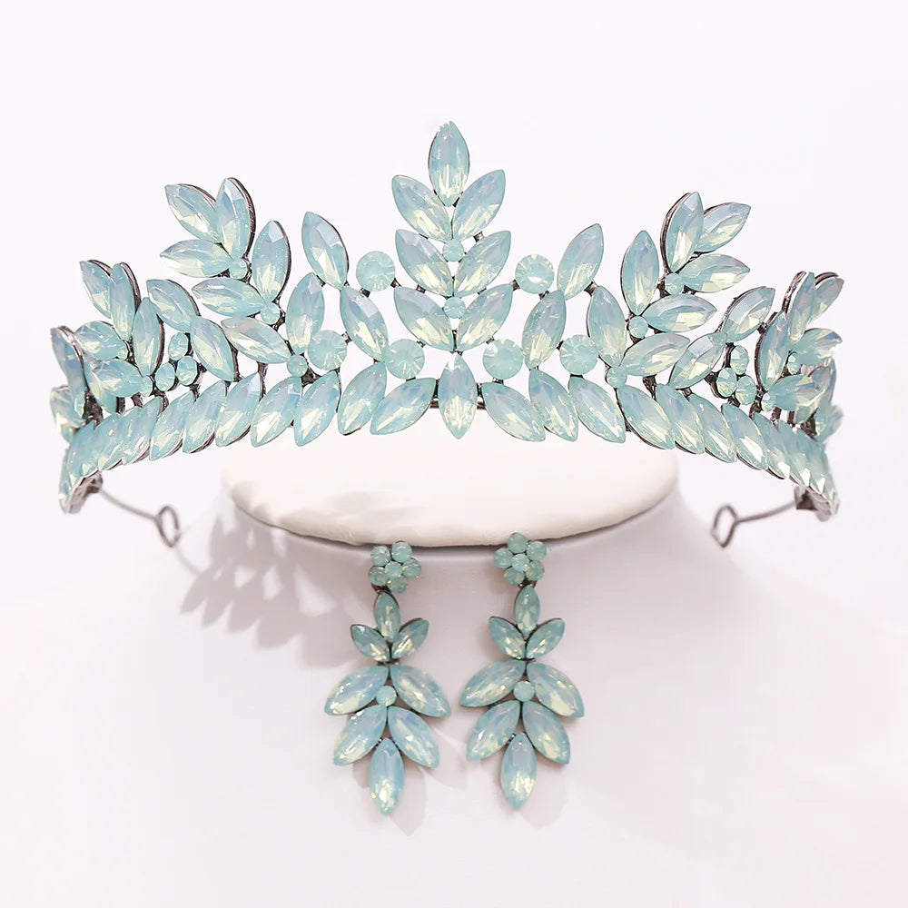 Vintage Black Metal Green Red Crystal Opal Tiara For Women Wedding Party Dress Elegant Queen Bridal Bride Crown