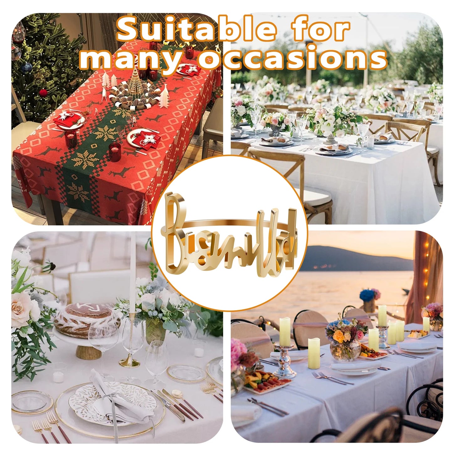 24pcs Bismillah Letter Metal Napkin Rings, Alphabet Napkin Buckles Holder Table Decoration for Wedding, Party, Ramadan, Banquet