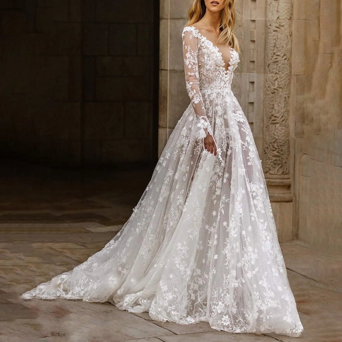 2025 Elegant High Waist Wedding Dress Women Clothing Pure White Long Sleeves Women's Solid Color Print Ball Gown Dresses 2025