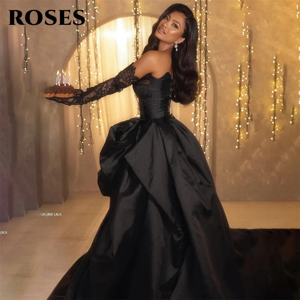 ROSES A Line Black Prom Dresses Sweetheart Stain Party Dresses Pleat Side Split robes du soir Sleeveless Wedding Darty Dresses