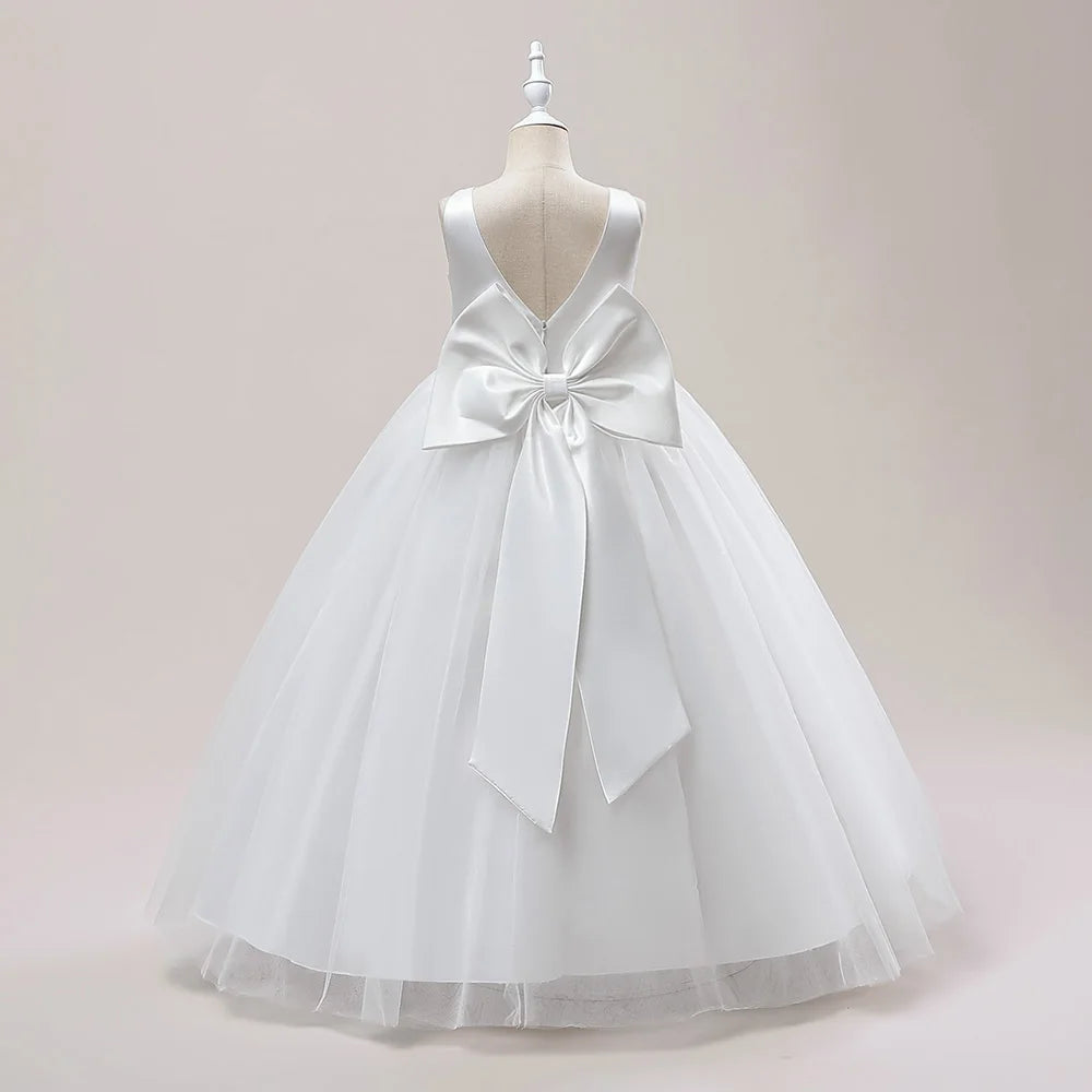Big Bow Girls Bridesmaids Dress Long White Wedding Party Prom Pageant Princess Dresses First Communiom Formal Birthday Ball Gown
