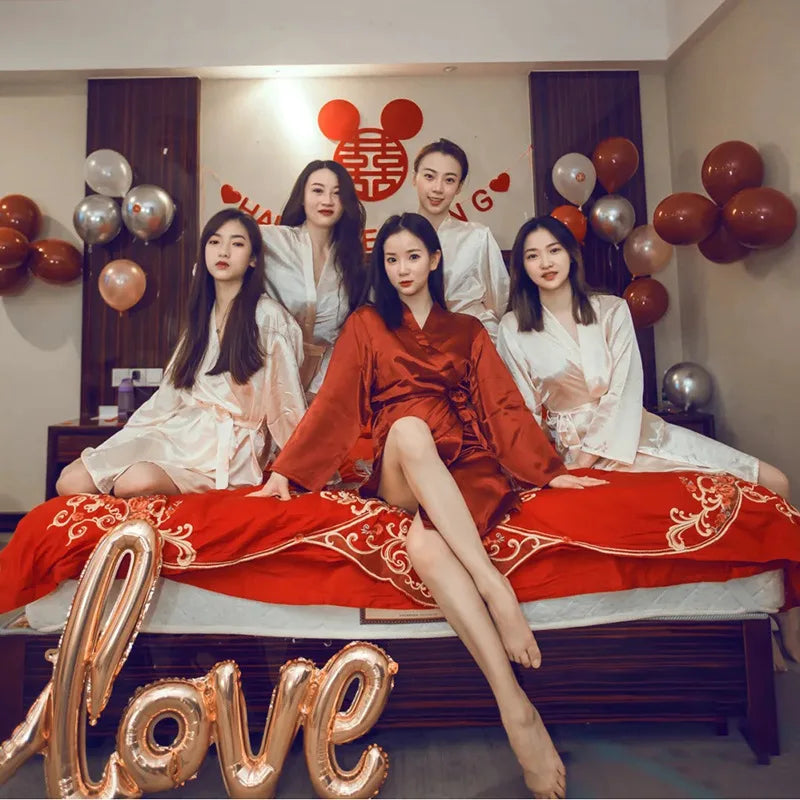 Bride Bridesmaid Morning Kimono Bathrobe Gown Embroidery Wedding Robe Nightgown Summer Female Nightdress Loose Satin Home Wear