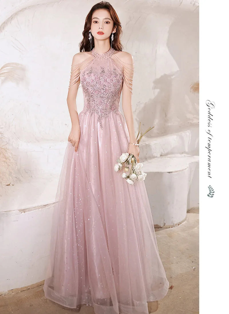 Luxury High Quality Pink Evening Dress For Prom Summer Autumn Temperament Socialite Senior Party Dress For Women