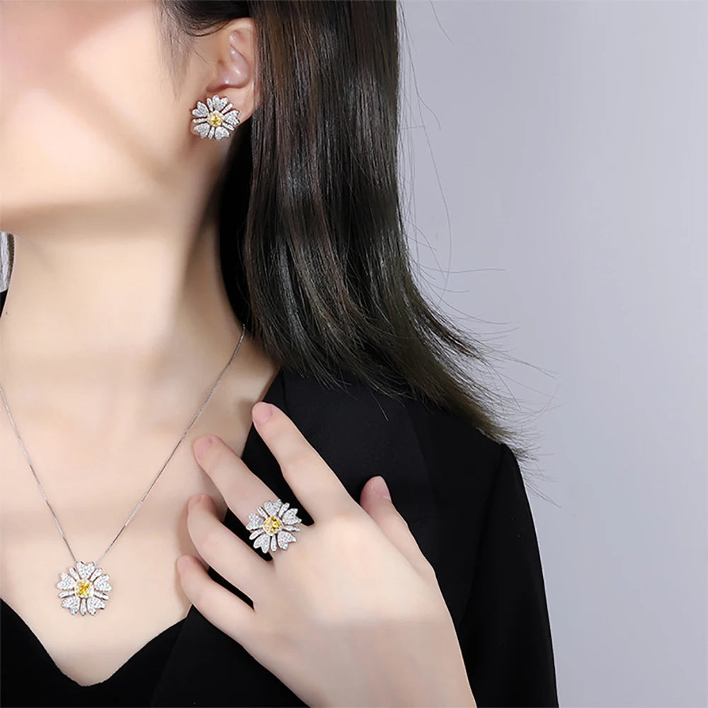 Topaz Sunflower Gemstone Necklace Pendant Ring Earrings Wedding Party Fine Jewelry Set for Women Birthday Gift