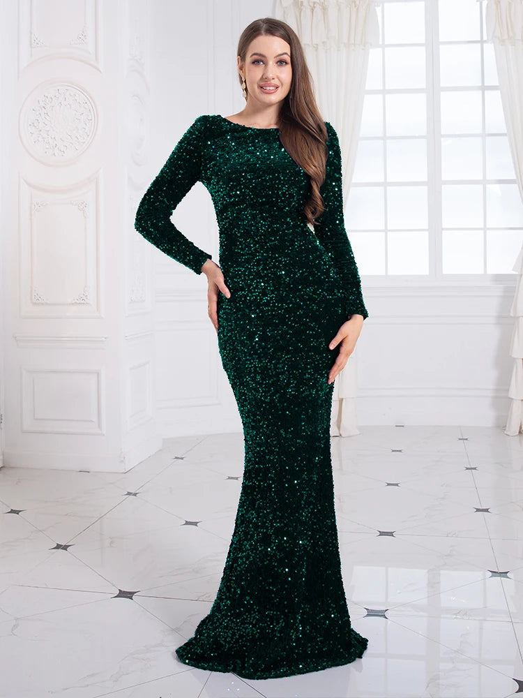 Romagic Elegant Women Modest Stretch Sequin Royal Blue Wedding Prom Gown Long Sleeves Mermaid Formal Evening Party Dress 2025