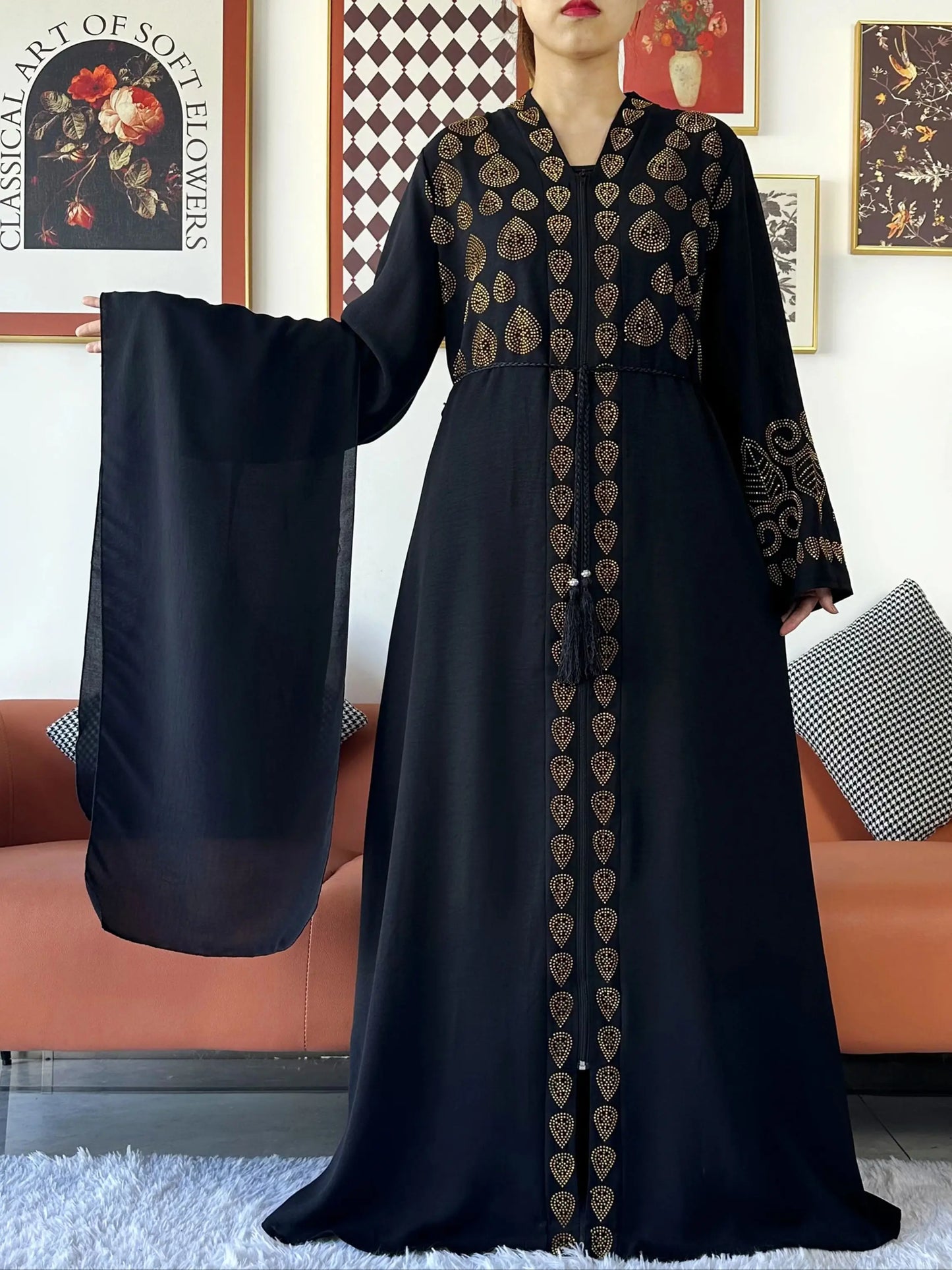 2024 Women Party Dress Chiffon Open Abaya Golden Stones Muslim Women Dress Islamic Clothing Cardigan Abaya Women Muslim Dress