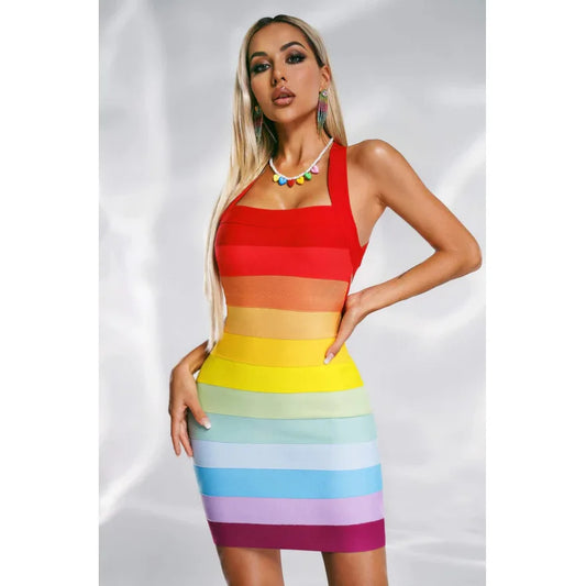 High Quality Strap Gradient Bodycon Bandage Dress Women Summer Sleeveless Square Collar High Street Evening Club Party Dress