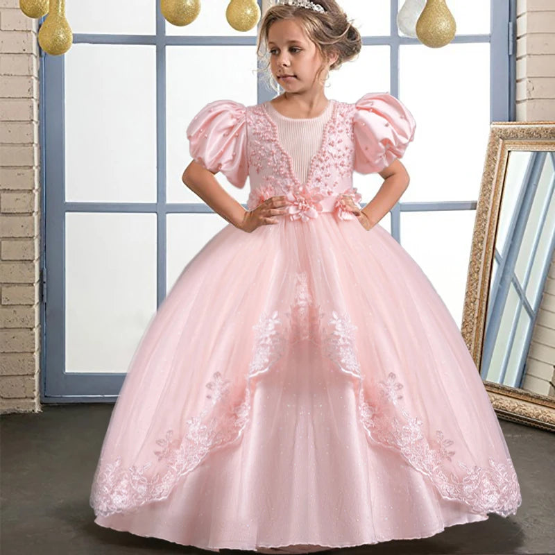 Elegant Girl's Birthday Party Dress for 4-12 Years Old Halloween Princess Dress New Bubble Sleeves Girl's Fluffy Dress