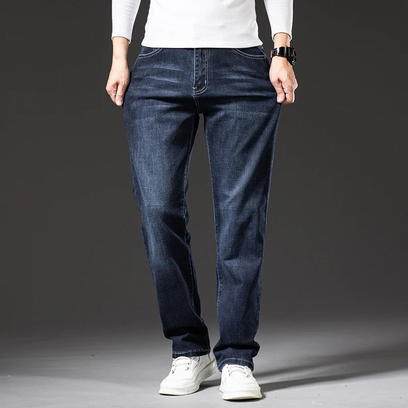 Classic Loose Straight Men's Jeans 2025 Autumn New Business Casual Stretch Cotton Denim Pants Plus Size Trousers 42 44 46