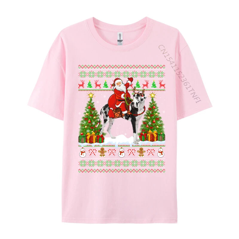 Xmas Sweater Ugly Santa Riding Great Dane Dog Christmas T Shirt Novelty Tees Classic Crew Neck T-Shirts Gift Idea Clothing