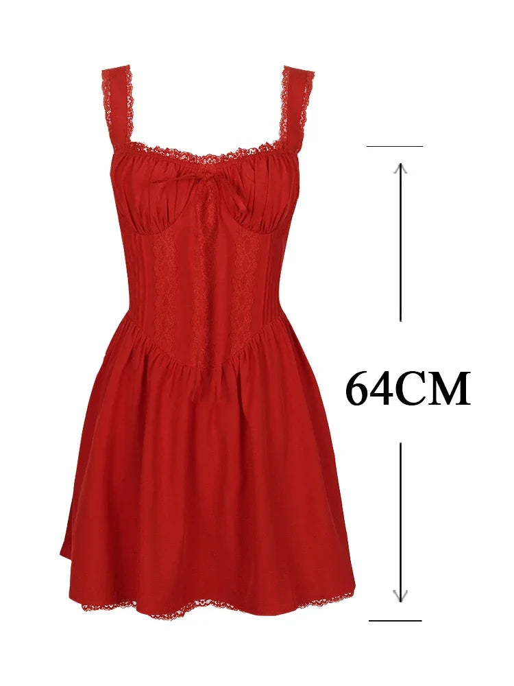 Suninheart Summer Dresses for Women Red Spaghetti Strap A Line Dress Lovely Elegant Lace Up Party Dress Mini Vacation Dress