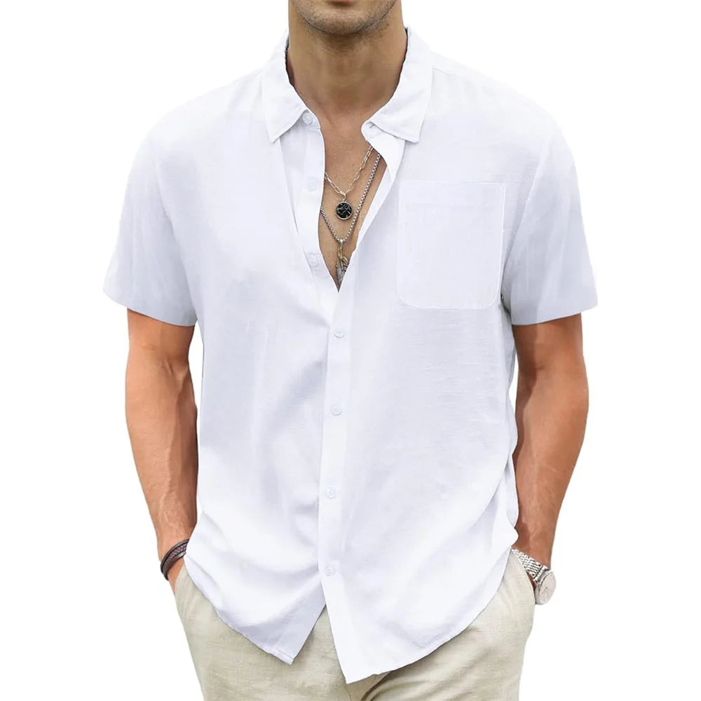 Men's Cotton Linen Short Sleeve Shirts Casual Lightweight Hawaiian Shirts Vacation Beach Summer Men Tops with Pocket