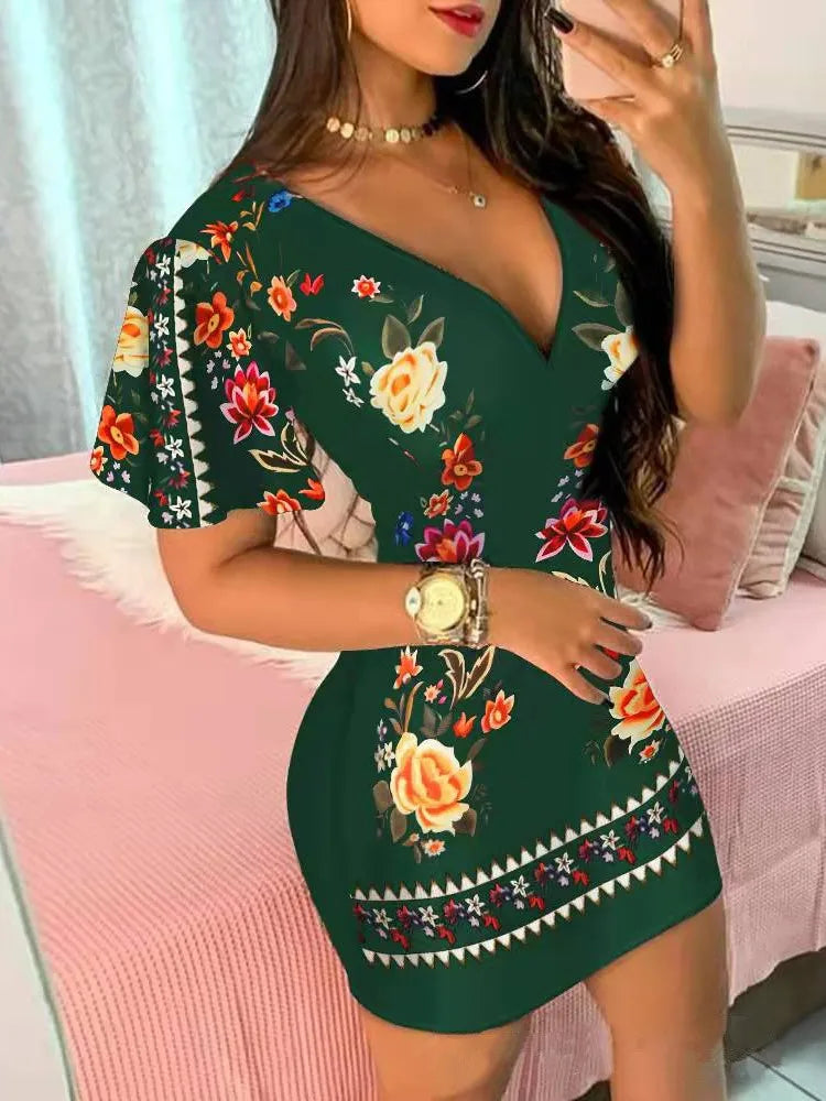 Summer Elegant Floral Print Bodycon Mini Dress Women Fashion Sexy Deep V-neck Package Hip Dresess Office Lady Party Dress