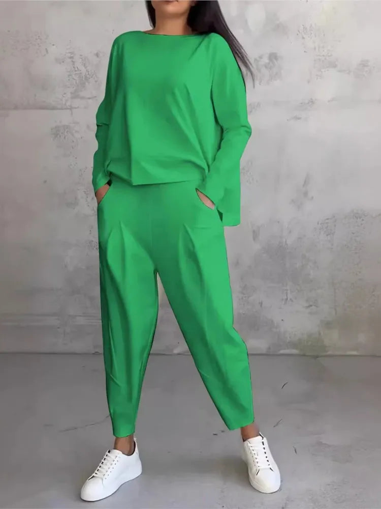 Spring Autumn Solid Women's Sports Suit Fashion Long Sleeve Irregular Loose Top Harem Pants Two Piece Set For Women Outfits