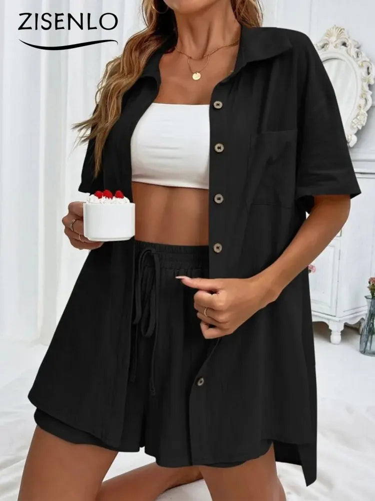 Women's Suit Summer Fashion Solid Color Short Sleeved Single Breasted Shirt & Shorts Set Cheap Elegant Loose Short Pant Sets