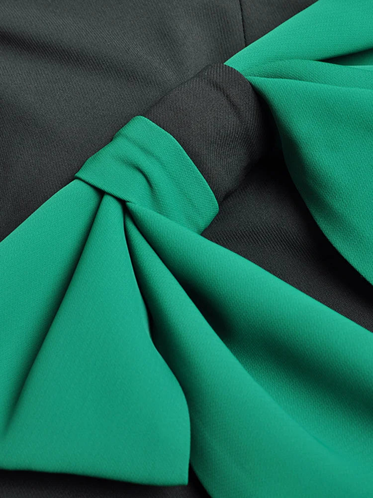 Bow Spliced Formal Dresses For Women Round Neck Long Sleeved Mid Length Contrast Slim Party Dress New Clothing