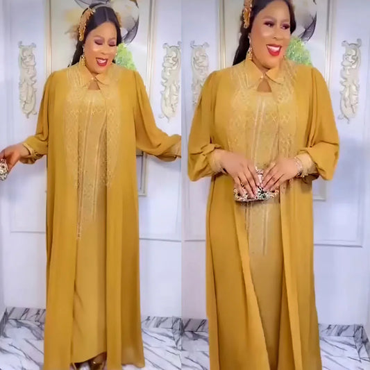 African Plus Size Boubou Chiffon 2 Piece Set Dresses For Women Muslim Fashion Kaftan Abayas Wedding Party Maxi Robe Vestidos