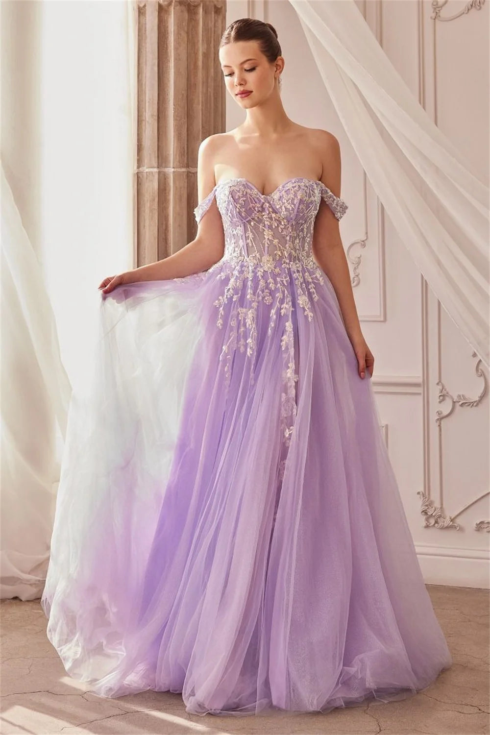 Bella Lavender Evening Dresses Lace Appliques Tulle Wedding Dress Customized Sleeveless Side High Split Vestidos De Fiesta