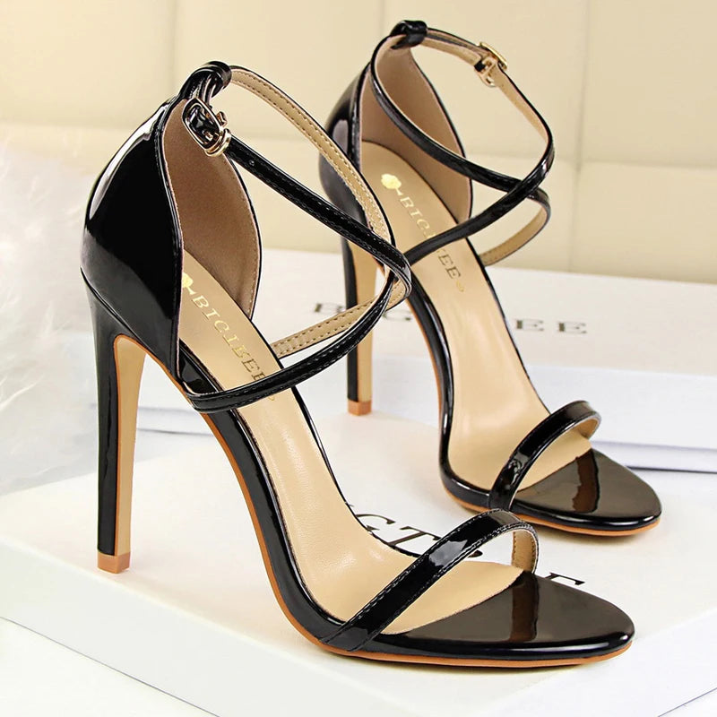 BIGTREE Shoes Pumps Open Toe High Heels Patent Leather Women Heels Stiletto 11 Cm 7.5cm Summer Heels Sandals Women Party Shoes