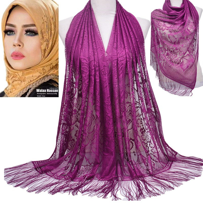 Scarf Hijab Solid Color Lace Hollow Tassel