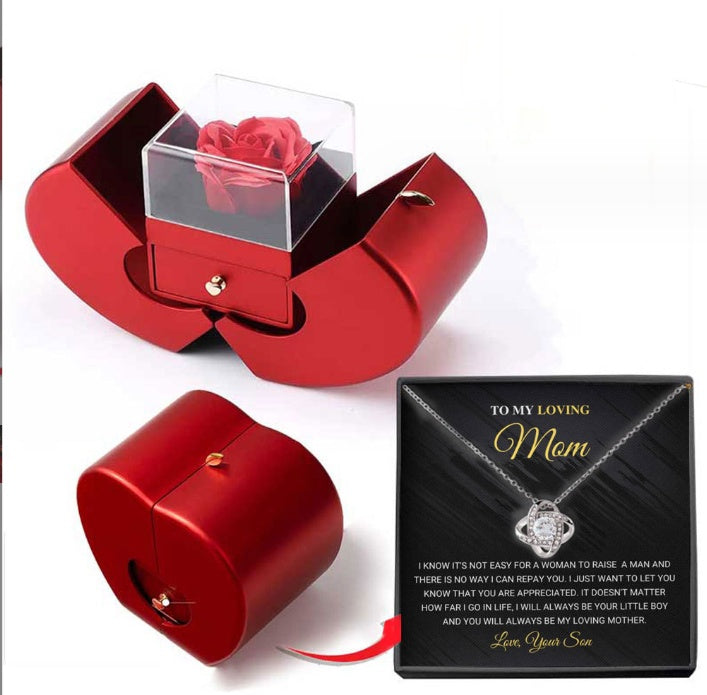 Fashion Jewelry Box Red Apple Gift Necklace Eternal Rose For Girl Mother's Day Valentine's Day Gifts With Artificial Flower Rose Flower Jewelry Box