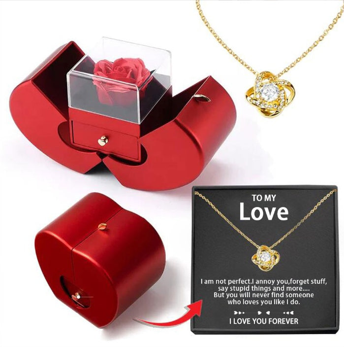 Fashion Jewelry Box Red Apple Gift Necklace Eternal Rose For Girl Mother's Day Valentine's Day Gifts With Artificial Flower Rose Flower Jewelry Box